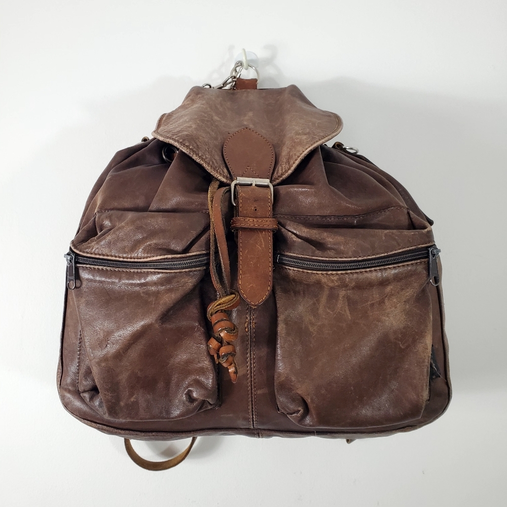 Vintage 90s RUGBY North America Pebbled Leather Drawstring Backpack Brown - Picture 6 of 13